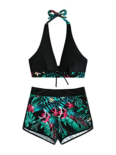 GORGLITTER Damen Bikini Bauchweg Set mit Short Tropisch Badeanzug Boho Strandmode 2-teilliger Swimmsuit mit Tropenmuster Schwarz M von GORGLITTER