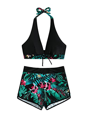 GORGLITTER Damen Bikini Bauchweg Set mit Short Tropisch Badeanzug Boho Strandmode 2-teilliger Swimmsuit mit Tropenmuster Schwarz S von GORGLITTER
