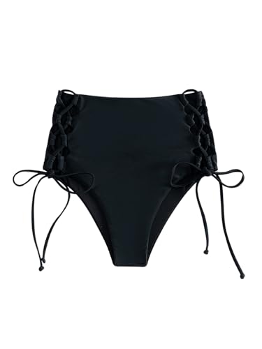 GORGLITTER Damen Bikini Unterteil Einfarbig Bikinihose Bikini Bottom mit Knoten Bikinislip Schwarz L von GORGLITTER