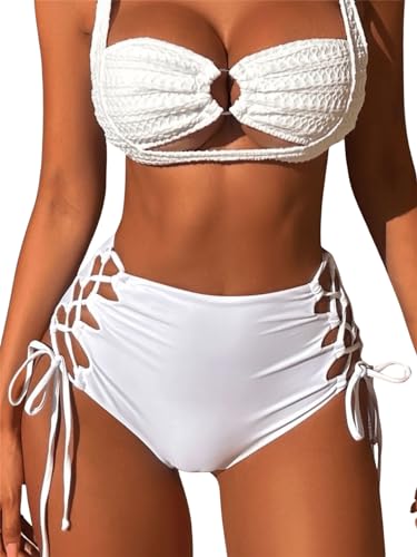 GORGLITTER Damen Bikini Unterteil Einfarbig Bikinihose Bikini Bottom mit Knoten Bikinislip Weiß M von GORGLITTER