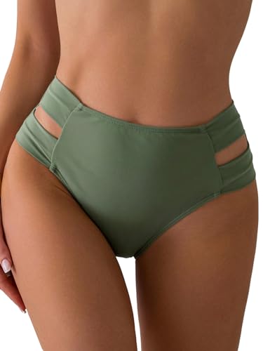 GORGLITTER Damen Bikini Unterteil Hohe Taille Bikinihose Sommer Strand Bikini Bottom Cut Outs Bikinishort Bikinislip Armeegrün M von GORGLITTER