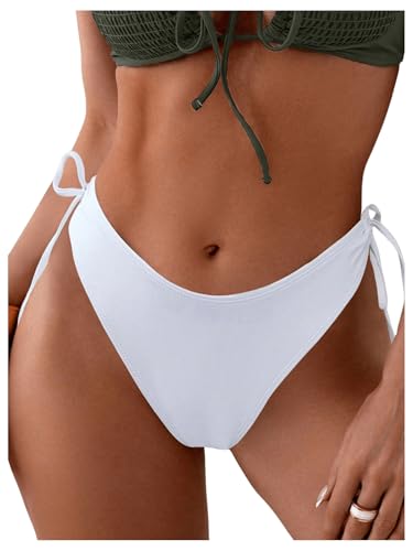 GORGLITTER Damen Bikini Unterteil Tanga Bikinihose Hohe Taille Bikini Bottom Bademode Unterteil mit Band Strand Bikinislip Weiß S von GORGLITTER