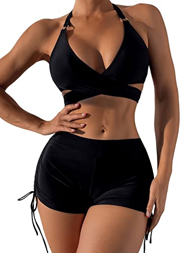 GORGLITTER Damen Bikini mit Short Set 2-teilige Badeanzüge Criss-Cross Swimmsuit Neckholder Bademode Bikini-Sets Schwarz L von GORGLITTER