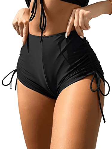 GORGLITTER Damen Bikinishorts Bikini Höschen Bikini-Unterteil High Waist Bikinihose Bikini Bottoms Badehose mit Schnürzug Schwarz M von GORGLITTER