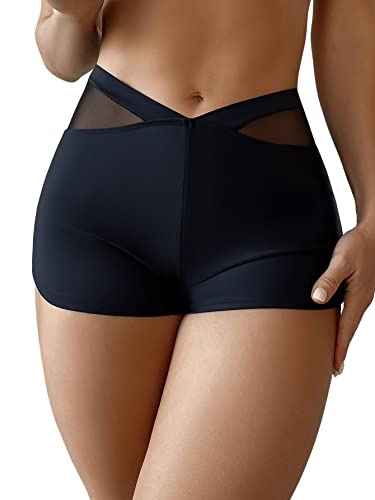 GORGLITTER Damen Bikinishorts Bikini Höschen Bikini-Unterteil Hoher Ausschnitt Bikini Bottoms Badehose mit Kontrast Netzstoff Schwarz L von GORGLITTER