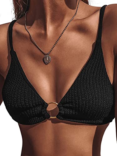 GORGLITTER Damen Bikinioberteil Bügellos Bikinis Spaghettiträger Bikini Oberteil Swimwear Bikinitop mit Ring Schwarz S von GORGLITTER