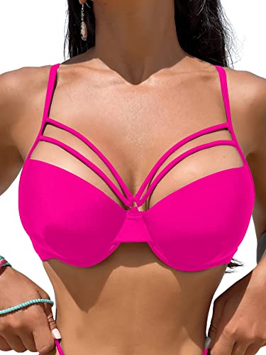 GORGLITTER Damen Bikinioberteil Push Up Bikinis Spaghettiträger Bikini Oberteil Swimwear Triangel Bikinitop mit Cut Outs Rosa M von GORGLITTER