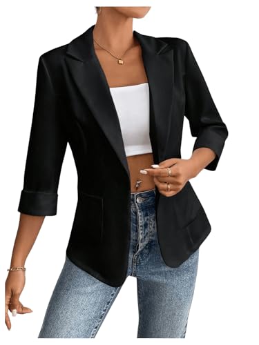 GORGLITTER Damen Blazer Elegant 3/4 Arm Cardigan Clasi Anzugjacke Casual Leicht Jacke Büro Blazer mit Taschen Schwarz XL von GORGLITTER