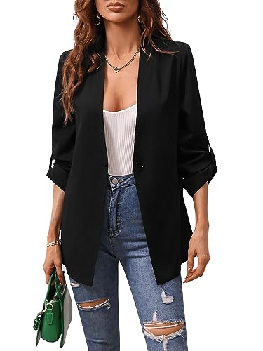 GORGLITTER Damen Blazer Elegant 3/4 Arm Cardigan Open Front Casual Schalkragen Herbst Jacke Lang Büro Blazers Schwarz L von GORGLITTER