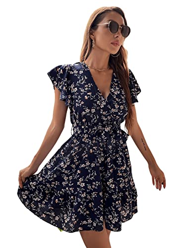 GORGLITTER Damen Blümchen Kleid A-Linie Wickelkleid Hohe Taille Shortkleid Gebmlümt Freizeitkleid Bömisch Mini Kleider mit Gürtel Marineblau L von GORGLITTER