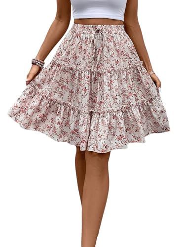 GORGLITTER Damen Blümchen Rock Casualrock Knielang Rock Freizeitrock Böhmisch Röcke A Linie Sommerrock mit Elasticher Rock Aprikosenfarben L von GORGLITTER