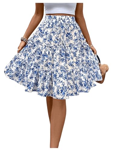 GORGLITTER Damen Blümchen Rock Casualrock Knielang Rock Freizeitrock Böhmisch Röcke A Linie Sommerrock mit Elasticher Rock Blau S von GORGLITTER