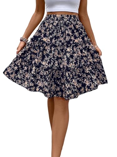 GORGLITTER Damen Blümchen Rock Casualrock Knielang Rock Freizeitrock Böhmisch Röcke A Linie Sommerrock mit Elasticher Rock Dunkelblau M von GORGLITTER
