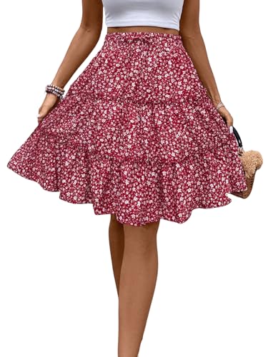 GORGLITTER Damen Blümchen Rock Casualrock Knielang Rock Freizeitrock Böhmisch Röcke A Linie Sommerrock mit Elasticher Rock Rot XL von GORGLITTER
