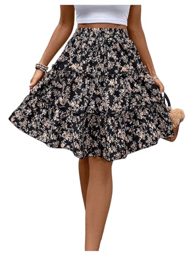 GORGLITTER Damen Blümchen Rock Casualrock Knielang Rock Freizeitrock Böhmisch Röcke A Linie Sommerrock mit Elasticher Schwarz L von GORGLITTER