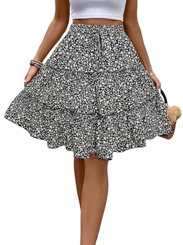 GORGLITTER Damen Blümchen Rock Casualrock Knielang Rock Freizeitrock Böhmisch Röcke A Linie Sommerrock mit Elasticher Schwarz und Weiß S von GORGLITTER