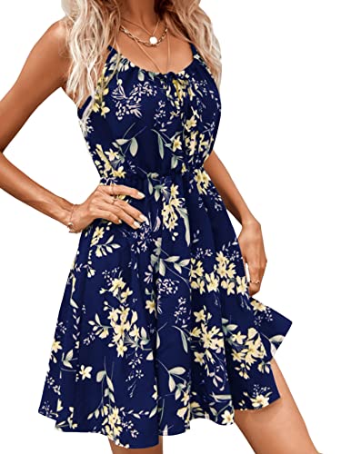 GORGLITTER Damen Blumen Kleid Sommer Böhmisch Camikleid Ärmellos Minikleid A Linie Faltenkleid Freizeitkleid mit Knoten Marineblau L von GORGLITTER