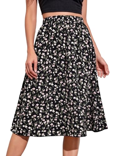 GORGLITTER Damen Blumen Rock Elegant Leichte Midirock mit Tunnelzug A-Linie Faltenrock Blumenmuster Hohe Taille Freizeitrock Bohorock Causalrock Schwarz M von GORGLITTER
