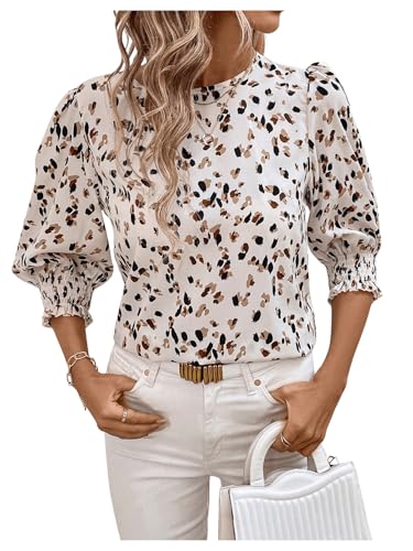 GORGLITTER Damen Bluse 3/4 Arm Oberteil Hemdbluse mit Blümchen Tops Luftig Hemd Chiffonbluse mit Puffärmel Beige M von GORGLITTER