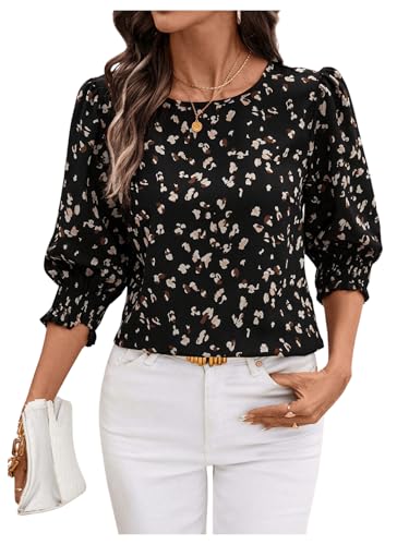 GORGLITTER Damen Bluse 3/4 Arm Oberteil Hemdbluse mit Blümchen Tops Luftig Hemd Chiffonbluse mit Puffärmel Schwarz M von GORGLITTER