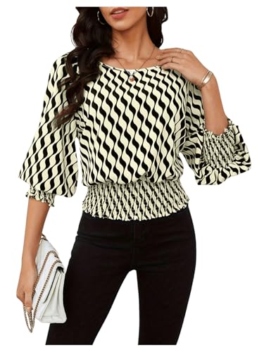 GORGLITTER Damen Bluse 3/4 Arm Oberteil Hemdbluse mit Streifen Tops Luftig Hemd Chiffonbluse mit Puffärmel Beige S von GORGLITTER