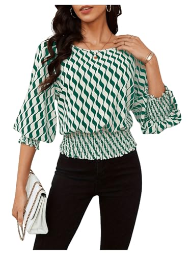 GORGLITTER Damen Bluse 3/4 Arm Oberteil Hemdbluse mit Streifen Tops Luftig Hemd Chiffonbluse mit Puffärmel Grün XL von GORGLITTER