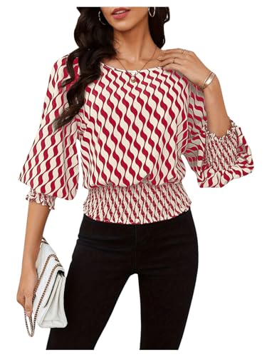 GORGLITTER Damen Bluse 3/4 Arm Oberteil Hemdbluse mit Streifen Tops Luftig Hemd Chiffonbluse mit Puffärmel Rot XL von GORGLITTER