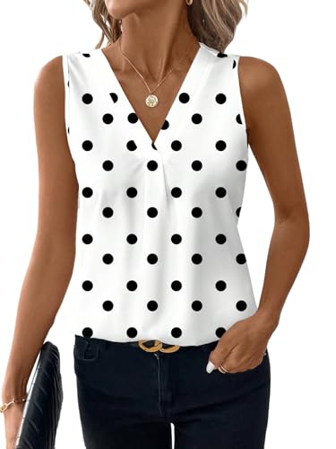 GORGLITTER Damen Bluse Ärmellose Sommerblusen Polka Dots Oberteile V Ausschnitt Blusentop Elegant Blusenshirt Sommer Office Casualshirt Weiß XL von GORGLITTER