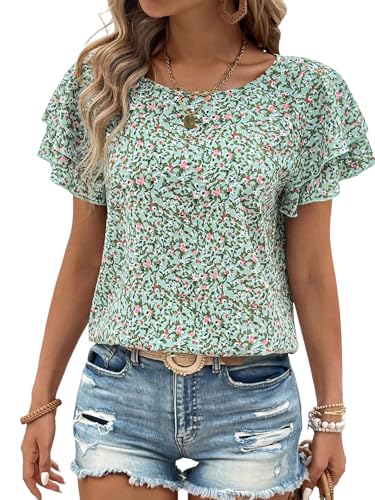 GORGLITTER Damen Bluse Blümchenmuster Oberteile Kurzarm Sommerbluse Rundkragen Damenbluse Boho Flügelärmel Sommertop Elegant Blusentop Freizeitbluse Grün M von GORGLITTER
