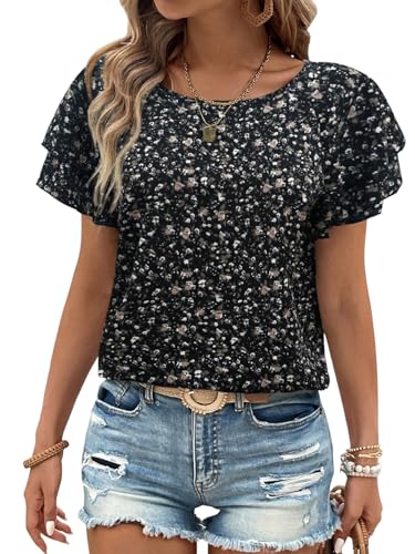 GORGLITTER Damen Bluse Blümchenmuster Oberteile Kurzarm Sommerbluse Rundkragen Damenbluse Boho Flügelärmel Sommertop Elegant Blusentop Freizeitbluse Schwarz S von GORGLITTER