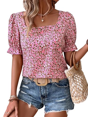 GORGLITTER Damen Bluse Blümchenmuster Sommerblusen Kurzarm Eckiger Ausschnitt Oberteile Boho Elegant Damenblusen Puffärmeln Blusentop Rosa M von GORGLITTER