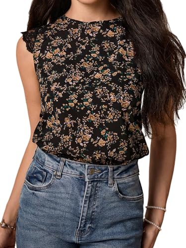 GORGLITTER Damen Bluse Blumenmuster Blusen Ärmelloses Blusentop Boho Damenblusen mit Spitze Elegant Sommerblusen Rundkragen Oberteile mit Knoten Schwarz XS GORGLITTER Damen Bluse Blumenmuster Blusen Ärmelloses Blusentop Boho Damenblusen mit Spitze Elegant Sommerblusen Rundkragen Oberteile mit Knoten Schwarz XS von GORGLITTER