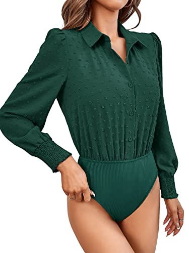 GORGLITTER Damen Bluse - Body Tunika Bodysuit Button Down Hemdbody Langarm Shirt Bodys mit Punkten Dunkelgrün M von GORGLITTER