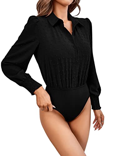 GORGLITTER Damen Bluse - Body Tunika Bodysuit Button Down Hemdbody Langarm Shirt Bodys mit Punkten Schwarz XL von GORGLITTER