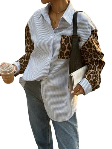 GORGLITTER Damen Bluse Casual Button Down Oberteil Elegant Langarm Hemdshirt mit Leopardmuster Locker Tunika Herbst Outfits Bluseshirt Blau L von GORGLITTER