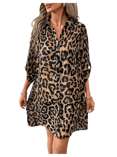 GORGLITTER Damen Bluse Chiffon Hemdshirt Leoparden Oberteile Button Down Locker Oberteil Lange Bluseshirt Hemdbluse Casualshirt Braun L von GORGLITTER