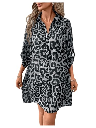 GORGLITTER Damen Bluse Chiffon Hemdshirt Leoparden Oberteile Button Down Locker Oberteil Lange Bluseshirt Hemdbluse Casualshirt Grau M von GORGLITTER