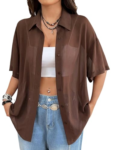 GORGLITTER Damen Bluse Durchsichtig Blusenshirt Kurzarm Sommerbluse mit Knofleiste Halblange Ärmel Hemd Sommer Outfits Basic Cardigan Freizeitbluse Braun M GORGLITTER Damen Bluse Durchsichtig Blusenshirt Kurzarm Sommerbluse mit Knofleiste Halblange Ärmel Hemd Sommer Outfits Basic Cardigan Freizeitbluse Braun M von GORGLITTER