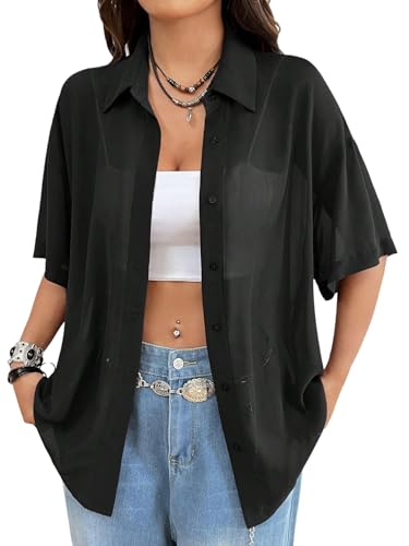 GORGLITTER Damen Bluse Durchsichtig Blusenshirt Kurzarm Sommerbluse mit Knofleiste Halblange Ärmel Hemd Sommer Outfits Basic Cardigan Freizeitbluse Schwarz M von GORGLITTER