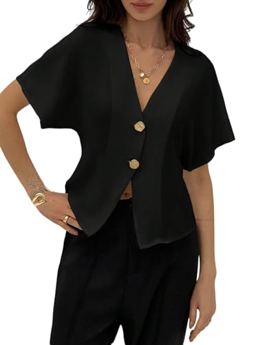 GORGLITTER Damen Bluse Elegant Blusenshirt Mit V-Ausschnitt Fledermausärmel Oberteile Business Outfit Hemdbluse Mit Knöpfen Sommer Blusentops Schwarz M von GORGLITTER