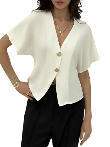 GORGLITTER Damen Bluse Elegant Blusenshirt Mit V-Ausschnitt Fledermausärmel Oberteile Business Outfit Hemdbluse Mit Knöpfen Sommer Blusentops Weiß M von GORGLITTER