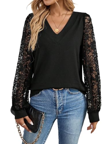 GORGLITTER Damen Bluse Elegant Langarmshirt Spitze Oberteile mit V Ausschnitt Tunika Blusenshirt Office T-Shirts Herbst Outfit Schwarz XL von GORGLITTER