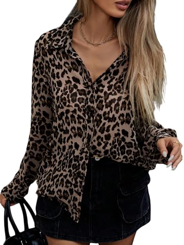 GORGLITTER Damen Bluse Elegant Leoprint Oberteil Hemdbluse Halb Durchsichtig Hemdshirt Knopfleite Langarm Tunika Chifon Bluseshirt Leoparden L von GORGLITTER