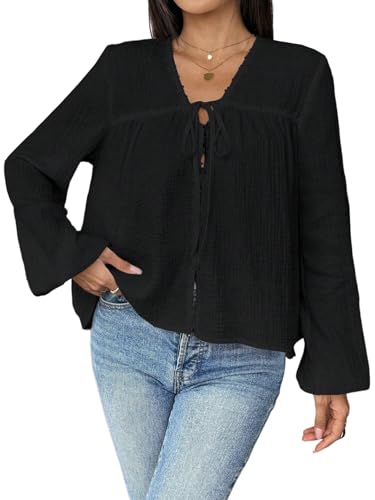 GORGLITTER Damen Bluse Elegant Oberteil mit Schnürung Vorne Langarmshirt mit Ausgestellte Ärmel Hemdbluse mit V-Ausschnitt Schwarz M von GORGLITTER