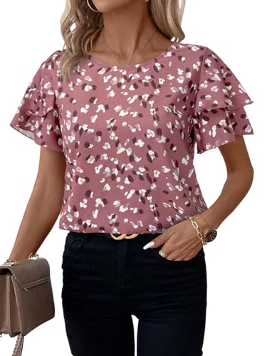 GORGLITTER Damen Bluse Elegant Rüschenbluse Kurze Ärmel Sommerblusen Locker Basic Tops Tunika Blusentop Casual Oberteile Rosa XL von GORGLITTER