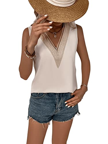 GORGLITTER Damen Bluse Elegant Sommer Tunika Ärmellos Oberteil mit Guipure Spitzeneinsatz Sommertop V-Ausschnitt Blusen Aprikosenfarben S von GORGLITTER