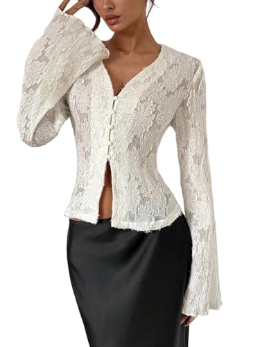 GORGLITTER Damen Bluse Elegant V Ausschnitt Langarm Oberteil Bauchfreies Top mit Knöpfen Vorn Langarmshirt mit Spitzen Blusentop mit Volant Ärmel Weiß XS von GORGLITTER