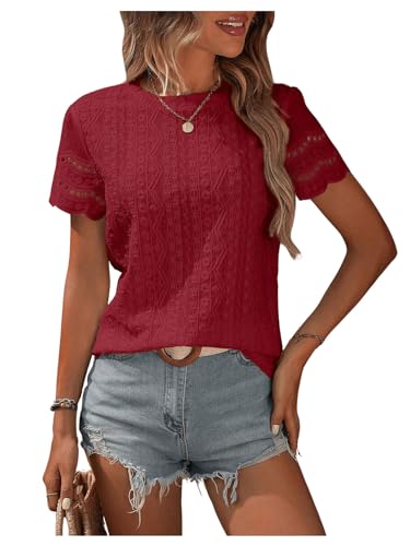 GORGLITTER Damen Bluse Elegnat Oberteil Kurzarm Tunika Klassic Top Office T Shirt Blusetop mit Öse Stickerei Bordeaux XL von GORGLITTER