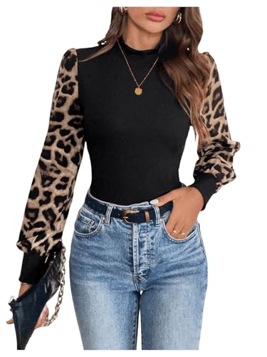 GORGLITTER Damen Bluse Elegnat Oberteile mit Leopardmuster Blusetop Langarm Modern Bluseshirt Office Casualshirt mit Puffärmeln Schwarz M von GORGLITTER