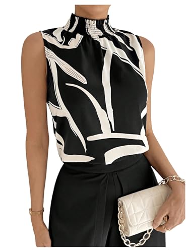 GORGLITTER Damen Bluse Farbblock Obeiteil Stehkragen Sommerblusen Ärmellose Tops Office Outfit Elegant Blusentop Tank Blusenshirt Sommer Damenblusen Schwarz M von GORGLITTER